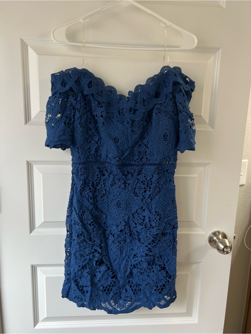 Just Me Navy Blue Crochet Trim cocktail dress